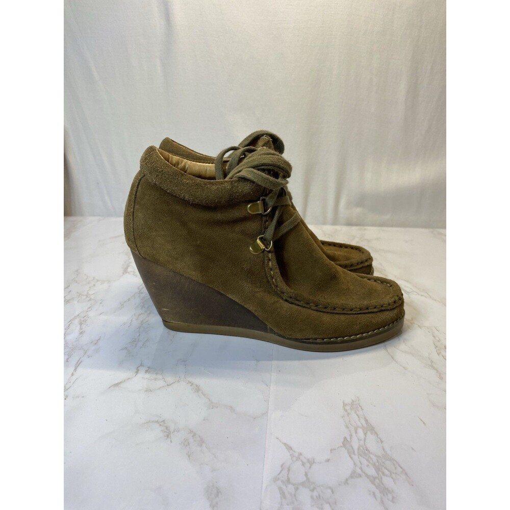 Very Volatile Moby Brown Green Suede Stacked Wedge Boot Women's Size 6 Lace Up - Picture 4 of 10